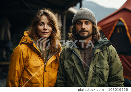 Portrait of happy couple in touristic outwear near the tent camp against the backdrop of picturesque mountain landscape. Caucasian family is engaged in a mountain hiking. Tourism and active lifestyle. 108019366