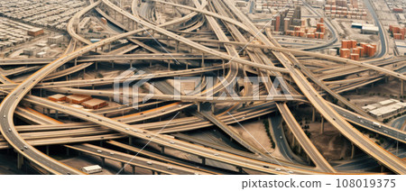 Aerial drone top view photo of highway multilevel junction interchange road 108019375