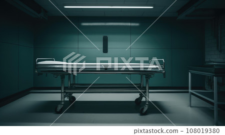 Empty metal bed in autopsy room. The table for dead body. Forensic doctor 108019380
