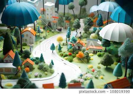 多雨的城市景觀與公園 (3D) 立體模型 108019390