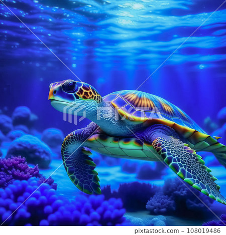 Underwater panorama of a bright tropical reef with a turtle 108019486