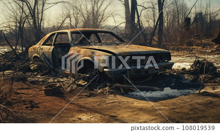 Old abandoned rusty vehicle, crushed car in scrapyard, junk yard Old abandoned rusty vehicle, crushed car in scrapyard, junk yard 108019539
