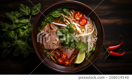 Pho Bo vietnamese soup with beef and noodles on a wooden background 108019548
