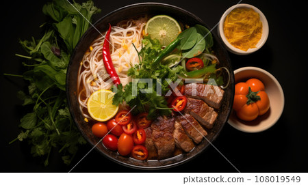 Pho Bo vietnamese soup with beef and noodles on a wooden background Pho Bo vietnamese soup with beef and noodles on a wooden background 108019549