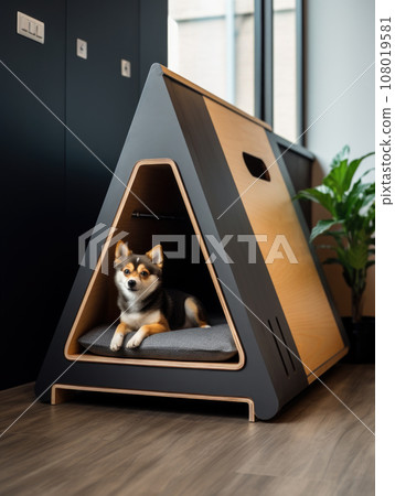 Dog sitting in pet booth. Cozy house inside interior Dog sitting in pet booth. Cozy house inside interior 108019581