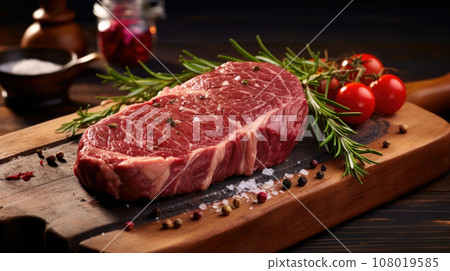 Raw rib eye steak of beef on a wooden Board with a meat cleaver and seasonings Raw rib eye steak of beef on a wooden Board with a meat cleaver and seasonings 108019585