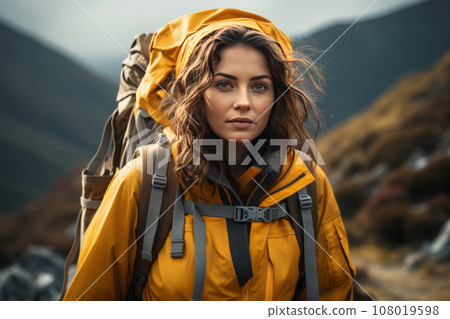 Portrait of a beautiful young woman in yellow jacket with a backpack against the backdrop of picturesque mountains. Female tourist is engaged in hiking. Active lifestyle, travel and trekking concept. 108019598
