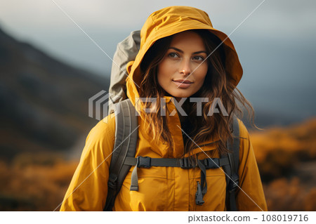 Portrait of a beautiful young woman in yellow jacket with a backpack against the backdrop of picturesque mountains. Female tourist is engaged in hiking. Active lifestyle, travel and trekking concept. 108019716