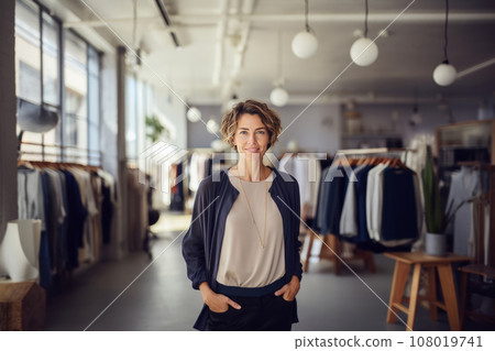 Portrait of beautiful young woman in a women's clothing and accessories store. Owner or manager with elegant short hairstyle greets customers. Successful small business in beauty and fashion industry. 108019741