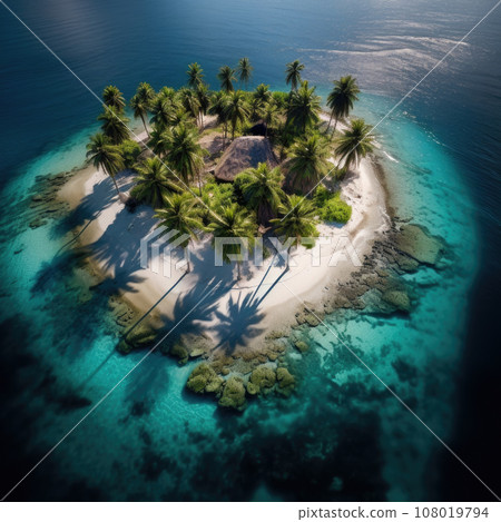 Aerial drone top view photo of small exotic atoll island with deep turquoise and emerald open ocean sea 108019794
