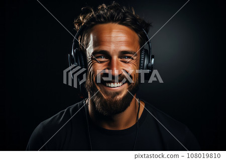 Close-up portrait of handsome middle-aged man in T-shirt wearing black headphones. Mature hipster with stylish haircut and beard listening to music and smiling happily. Isolated on black background. 108019810