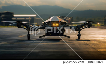 Silhouette of spy drone ready for takeoff on the runway 108020021
