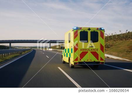 Ambulance car of emergency medical service on highway. Ambulance car of emergency medical service on highway. 108020034