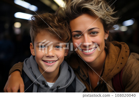 Close-up portrait of a beautiful woman and her son riding an amusement park ride. Cheerful, smiling mother and boy relaxing and enjoying time. Shared leisure and entertainment strengthens family ties. 108020040