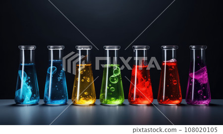 Group of test tubes with a colored reagents in a rack 108020105