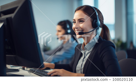 Friendly call center agent answering incoming calls with a headset, providing customer service remotely. Friendly call center agent answering incoming calls with a headset, providing customer service remotely. 108020110