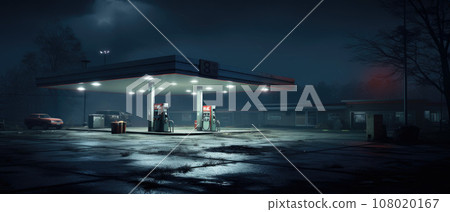Horizontal shot of a generic unbranded gas station at night 108020167