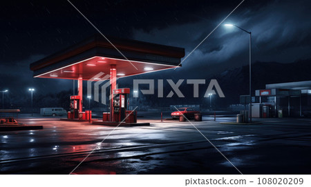 Horizontal shot of a generic unbranded gas station at night Horizontal shot of a generic unbranded gas station at night 108020209