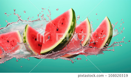Water splashing on Sliced of watermelon on green background 108020319