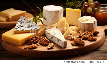 Delicious Cheese board. Assortment of cheese, camembert brie Gorgonzola parmesan and nuts and herbs. 108020334