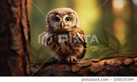 View of spotted owlet perched on a tree branch 108020394