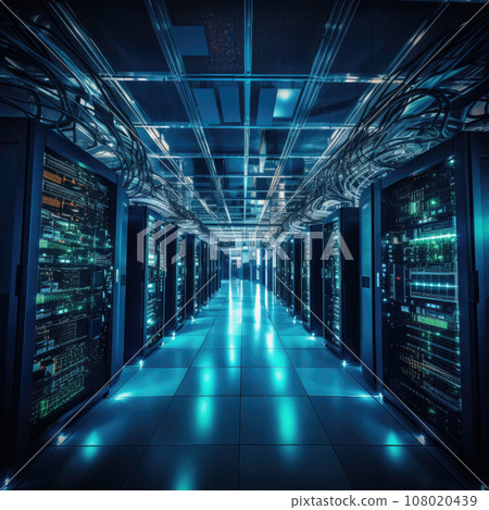 Stand with server hardware and lighting in the server room motion blur 108020439