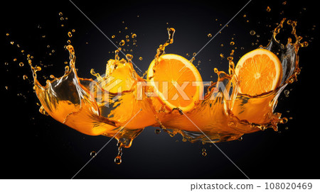 Group of fresh oranges falling in water with splash on black background 108020469