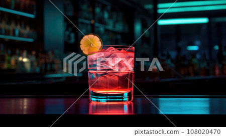 Close up of alcoholic cocktail, beverage, drink, prepared by professional barman in multicolored neon light. Close up of alcoholic cocktail, beverage, drink, prepared by professional barman in multicolored neon light. 108020470