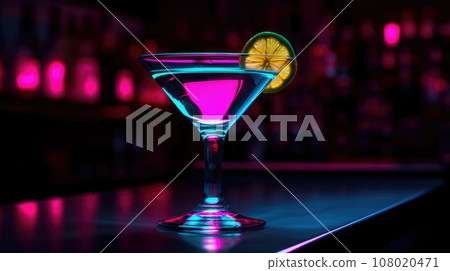 Close up of alcoholic cocktail, beverage, drink, prepared by professional barman in multicolored neon light. 108020471