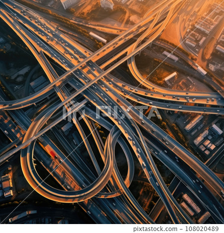 Aerial drone top view photo of highway multilevel junction interchange road 108020489