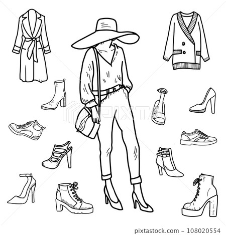 Fall season, fashion outfit outline : high heels, cowboy boots, hiking boots, sneakers. Fall season, fashion outfit outline : high heels, cowboy boots, hiking boots, sneakers. 108020554
