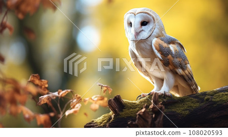 Barn owl sit on stump in autumn forest - Tyto alba Barn owl sit on stump in autumn forest - Tyto alba 108020593