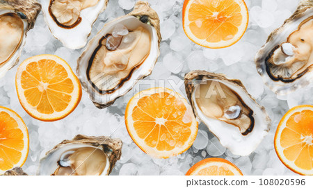 Fresh opened oyster offered as top view on crushed ice Fresh opened oyster offered as top view on crushed ice 108020596