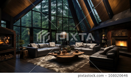Beautiful rustic cottage with wooden walls and ceilings. Big window with vue on forest on a rainy day. Scandinavian interior design. Brown leather sofa and grey couch Beautiful rustic cottage with wooden walls and ceilings. Big window with vue on forest on a rainy day. Scandinavian interior design. Brown leather sofa and grey couch 108020646