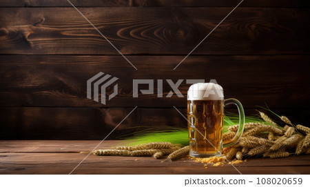 Mug of beer, wheat ears, green hops on a wooden background 108020659