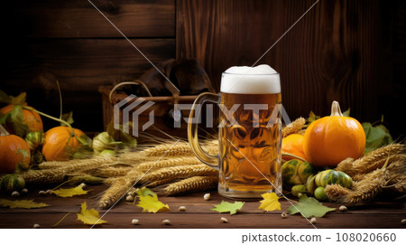 Mug of beer, wheat ears, green hops on a wooden background 108020660
