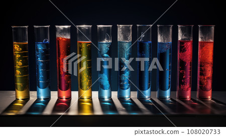 Laboratory glassware with colorful chemical reagent in research laboratory Laboratory glassware with colorful chemical reagent in research laboratory 108020733