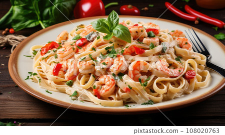 Fresh-Fettuccini pasta with prawn and mushroom tomatoes food photography white plate dark background 108020763
