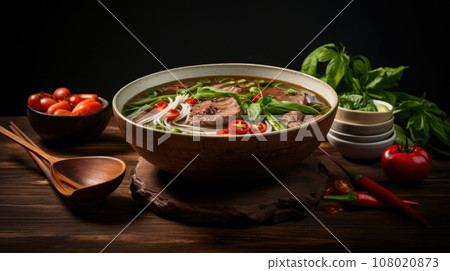 Pho Bo vietnamese soup with beef and noodles on a wooden background 108020873