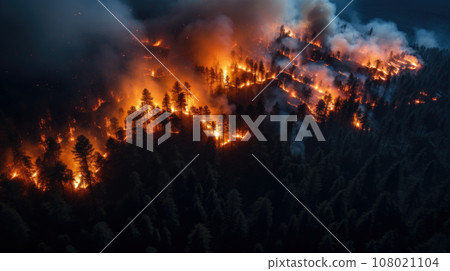 Aerial shot of forest fire 108021104