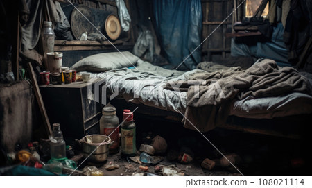 Abandoned vagrant bedroom in old house ruins Abandoned vagrant bedroom in old house ruins 108021114