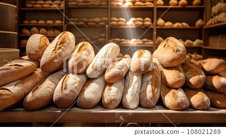Delicious loaves of bread in a baker shop. Different types of bread loaves on bakery shelves 108021289
