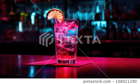 Close up of alcoholic cocktail, beverage, drink, prepared by professional barman in multicolored neon light. Close up of alcoholic cocktail, beverage, drink, prepared by professional barman in multicolored neon light. 108021290