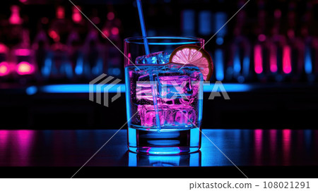 Close up of alcoholic cocktail, beverage, drink, prepared by professional barman in multicolored neon light. 108021291