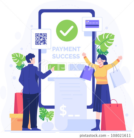 Online shopping concept vector illustration in flat style. Online payment, mobile phone, shopping bags. Order goods and get them fast and easy. Vector illustration. 108021611