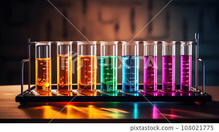 Group of test tubes with a colored reagents in a rack 108021775