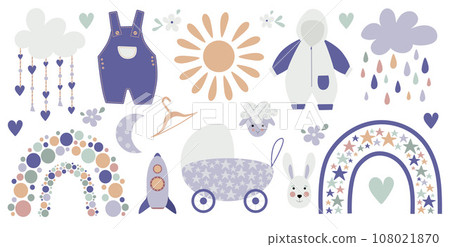 Boho baby rainbow clipart. Boho color rainbow, animals and baby elements for your kids project. 108021870