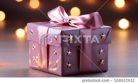 Luxury gift box with romantic candles on the table, festive still life, blurry background 108022932