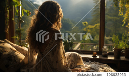 Woman enjoys sunrise in a country house or hotel staying with open hands near panoramic windows 108022933