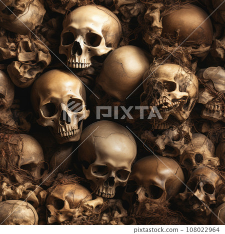 Skulls and bones covered in dust. lot of creepy human remains in dark. Abstract dark background symbolizing death, evil 108022964